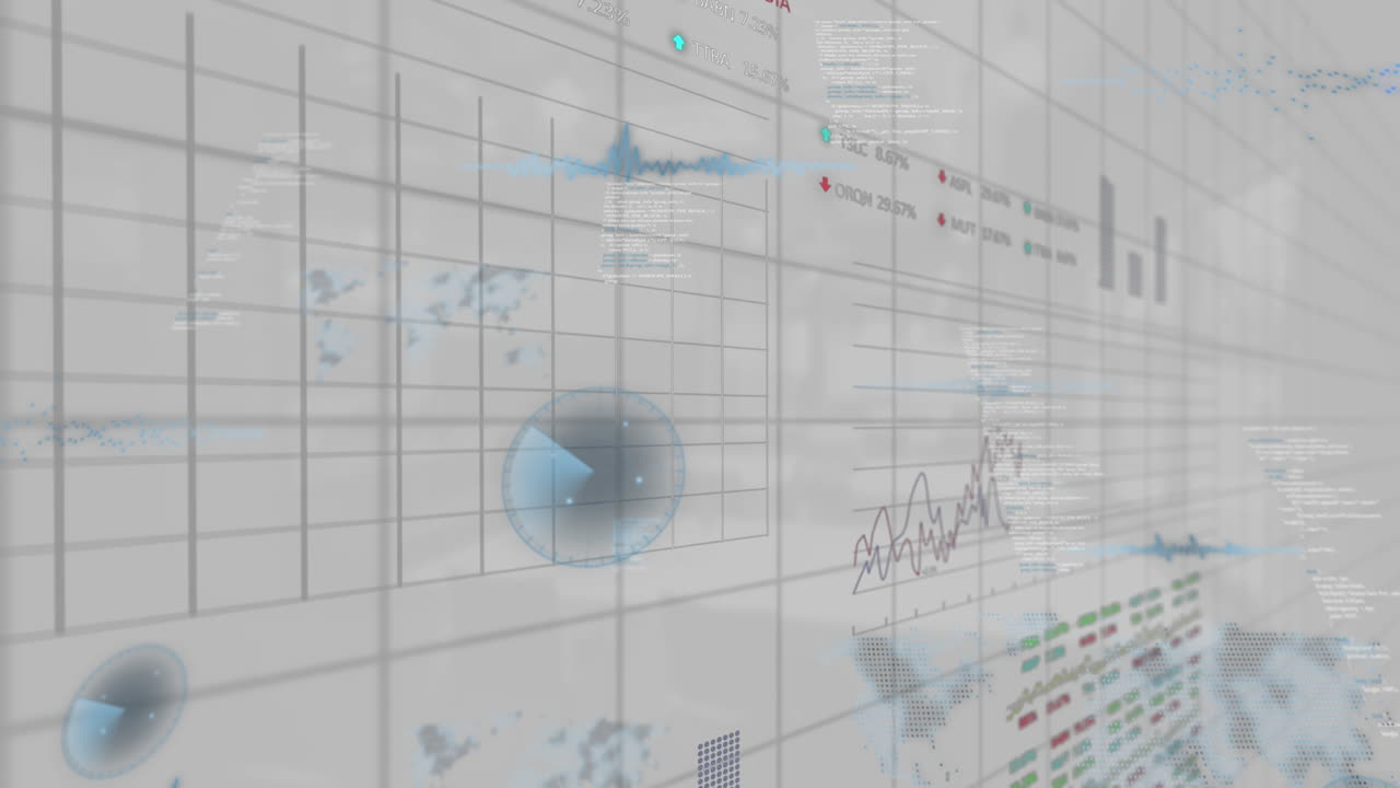 Animation of statistical and stock market data processing over grid network against grey background