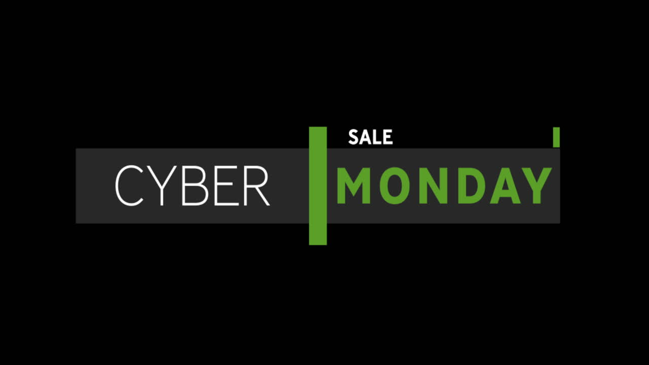 texto de venta blanco y verde de cyber monday que aparece contra una pantalla negra