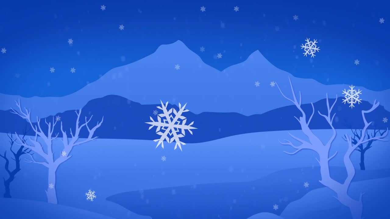 푸른 배경에 산과 나무가 있는 겨울 풍경 위의 눈알의 애니메이션