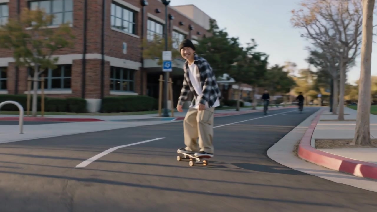 Pushing off skateboard, male wearing beanie and plaid flannel carving campus lane commuting