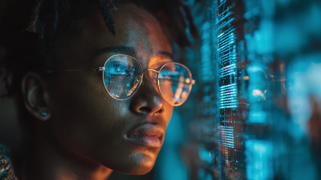 A contemplative moment captured in-depth, revealing an individual's focus and connection with technology through immersive visualization and deep reflection