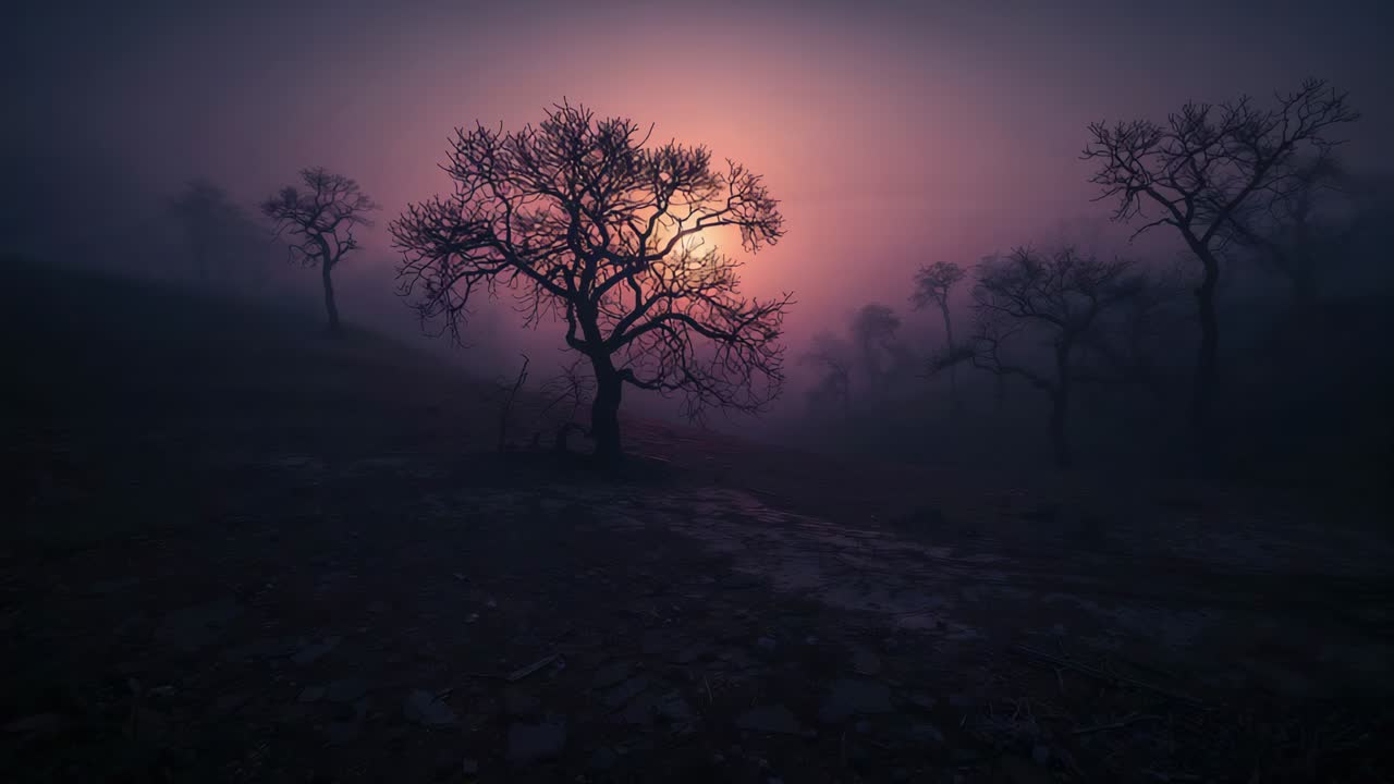 Câmera avançando e revelando uma única árvore sem folhas em uma encosta enevoada, mostrando um caminho fraco e luz de fundo
