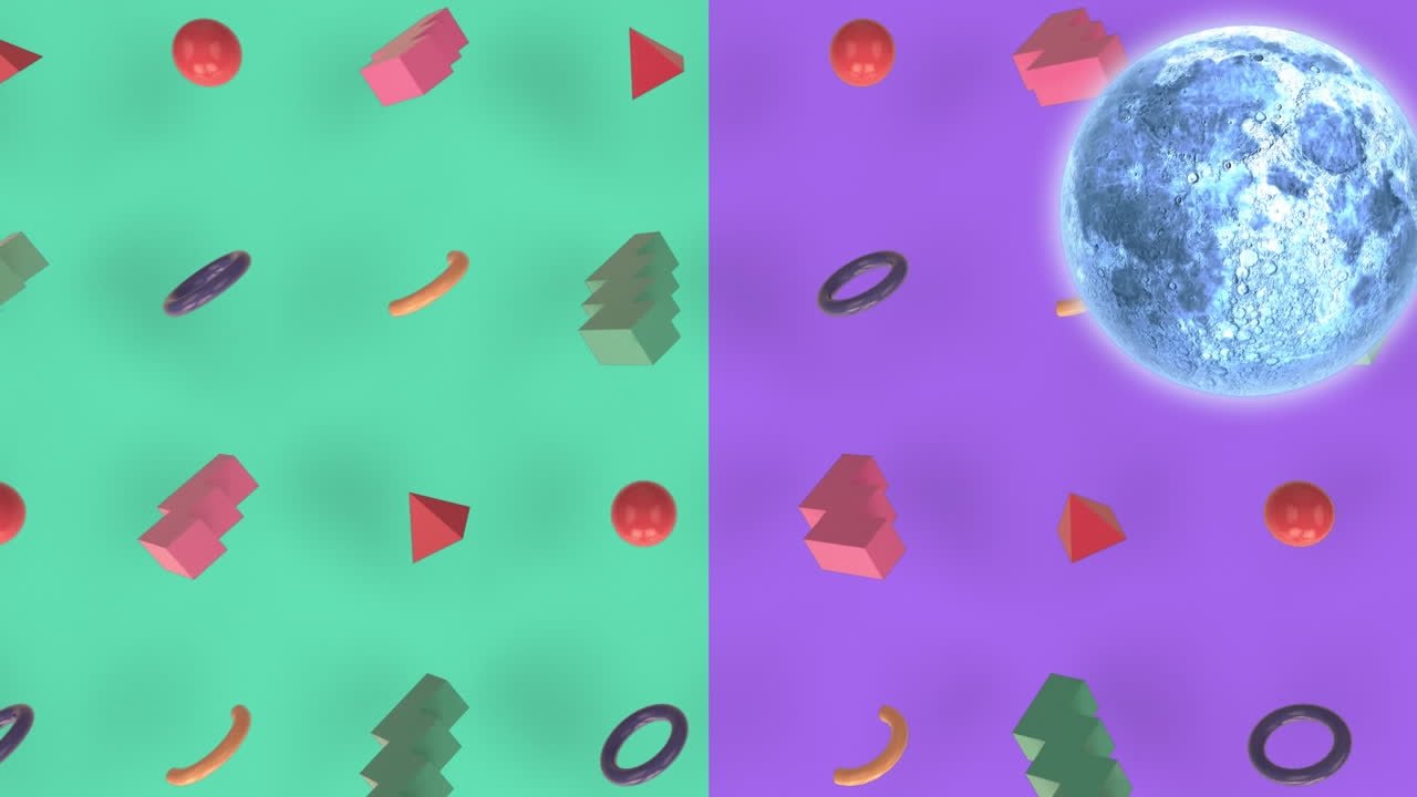 animación de la luna que aparece sobre un fondo verde y violeta con diversas formas