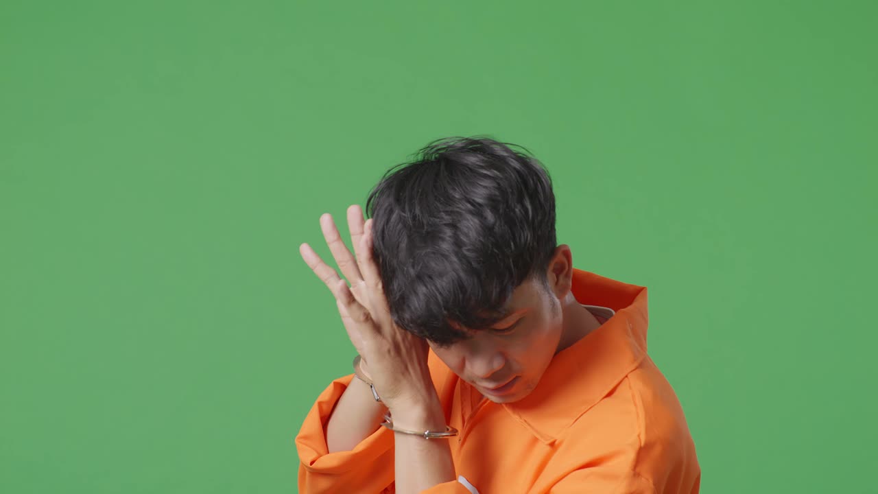 오렌지색 스웨터와 수갑을 입은 남자