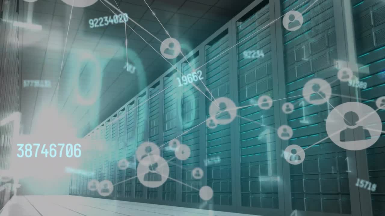 animación de la red de conexiones con iconos sobre la sala del servidor