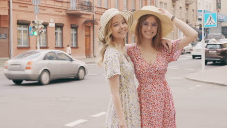 two friends on a city street