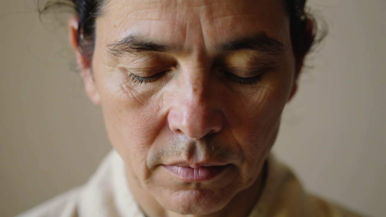 Camera framing woman holding closed eyes, showing tiny eyelid movements in beige room, collared top