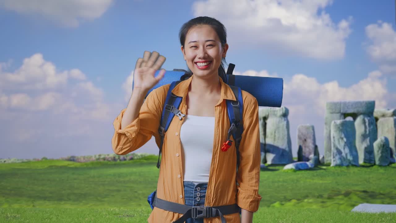 Happy Tourist Woman Hiking