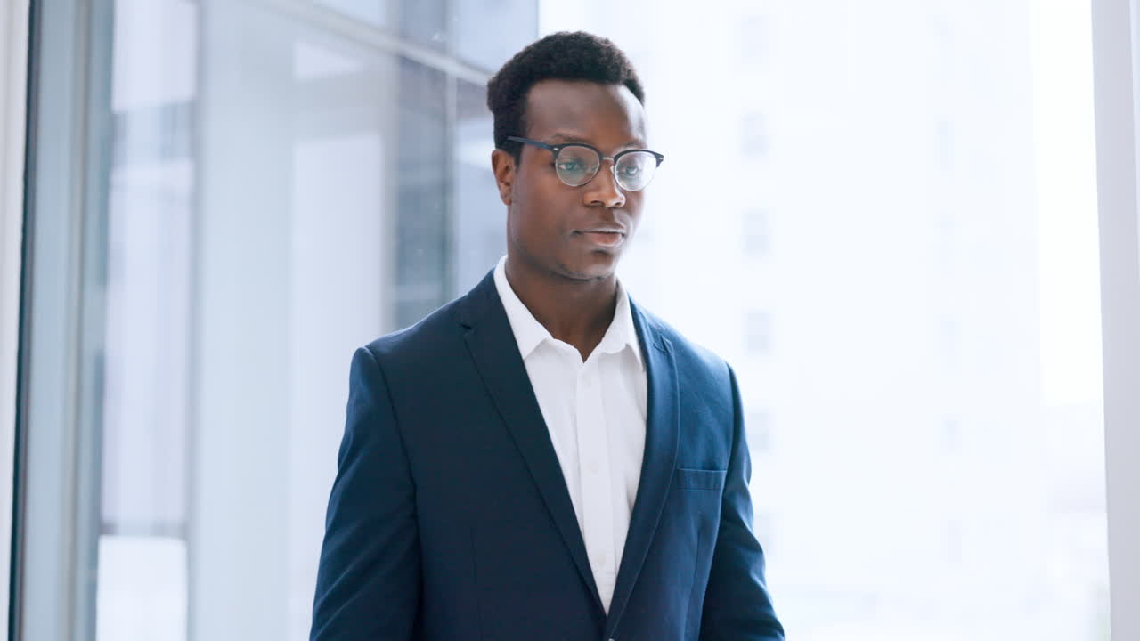 Portrait, business or black man in office