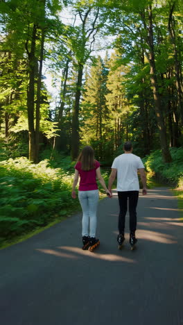 couple roller skating in a forest pond