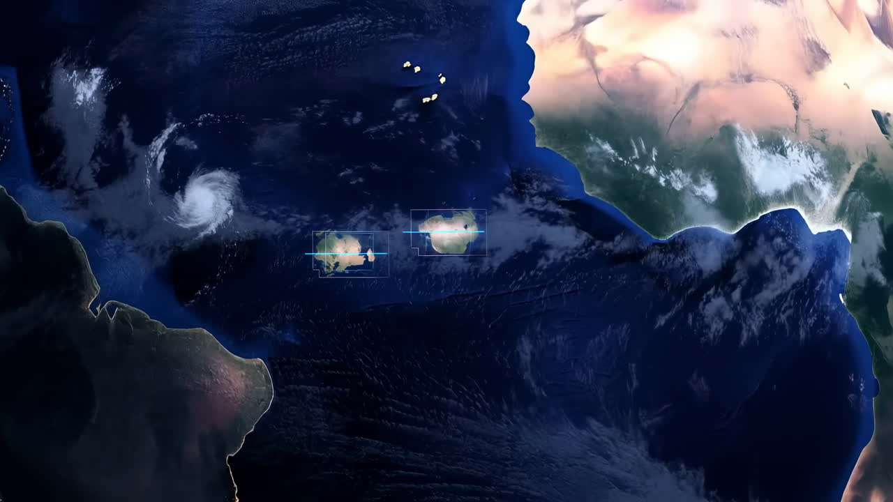 Spinning Earth With Weather Overlays, Satellite View Shows Cloud Bands And Storm Formation With Map Markers