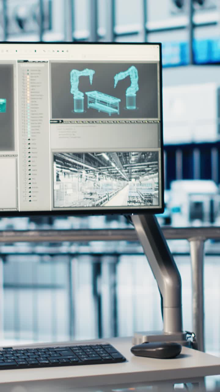 Vertical video Monitor displaying industrial automation software overlooking smart factory