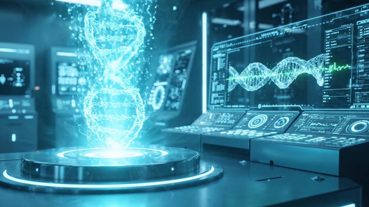 A High-Tech Laboratory Scene Featuring Advanced DNA Visualization and Interactive Displays, Showcasing a Blending of Biotech and Digital Innovation in Modern Research Facilities