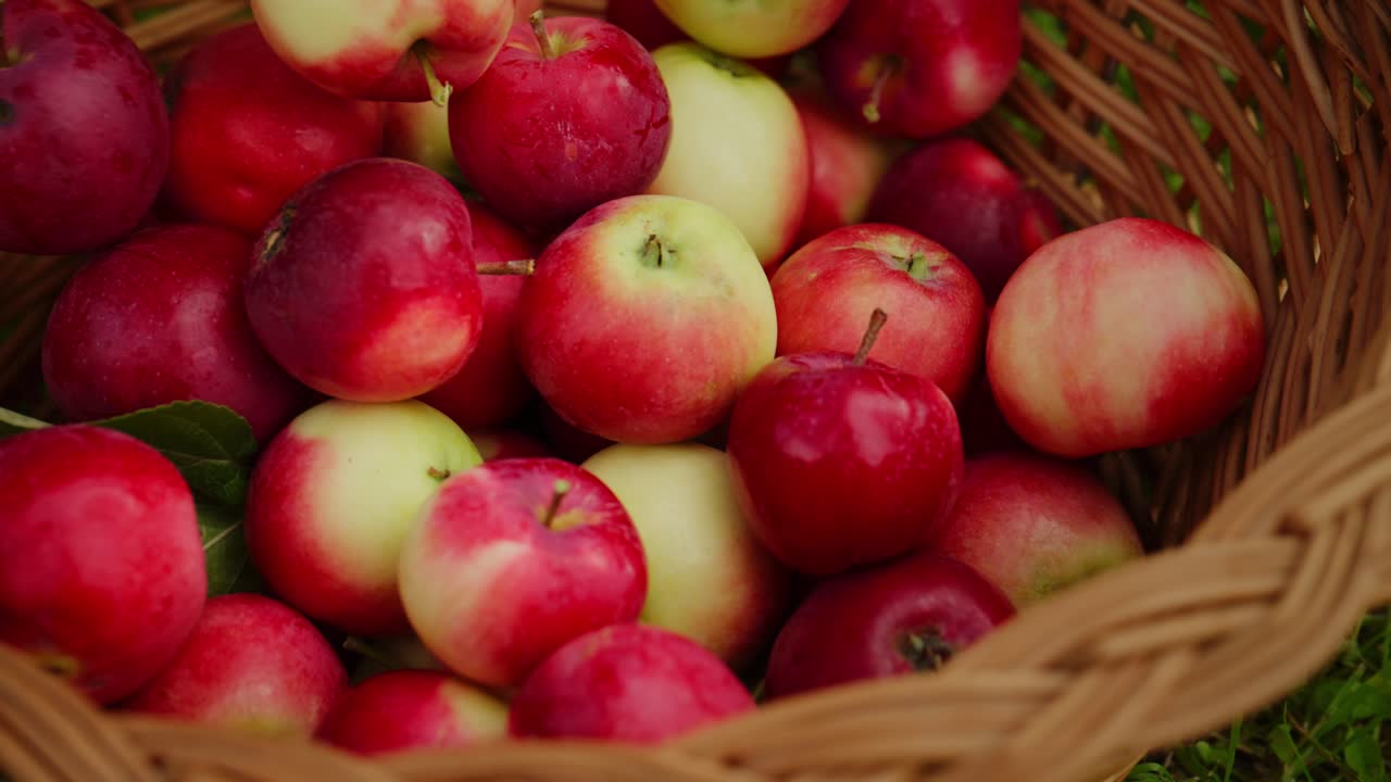Una abundancia de manzanas recién cosechadas: una cesta rústica rebosante de manzanas rojas y verdes rodeada de exuberante hierba y belleza natural en una escena vibrante