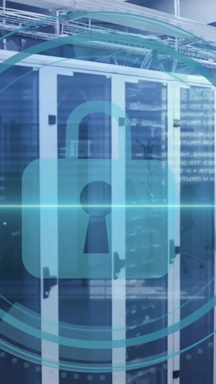Animation of cyber security text, scanner with padlock icon and data processing over server room