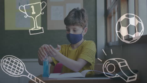 animación de iconos escolares sobre escolares con máscara facial usando desinfectante para manos