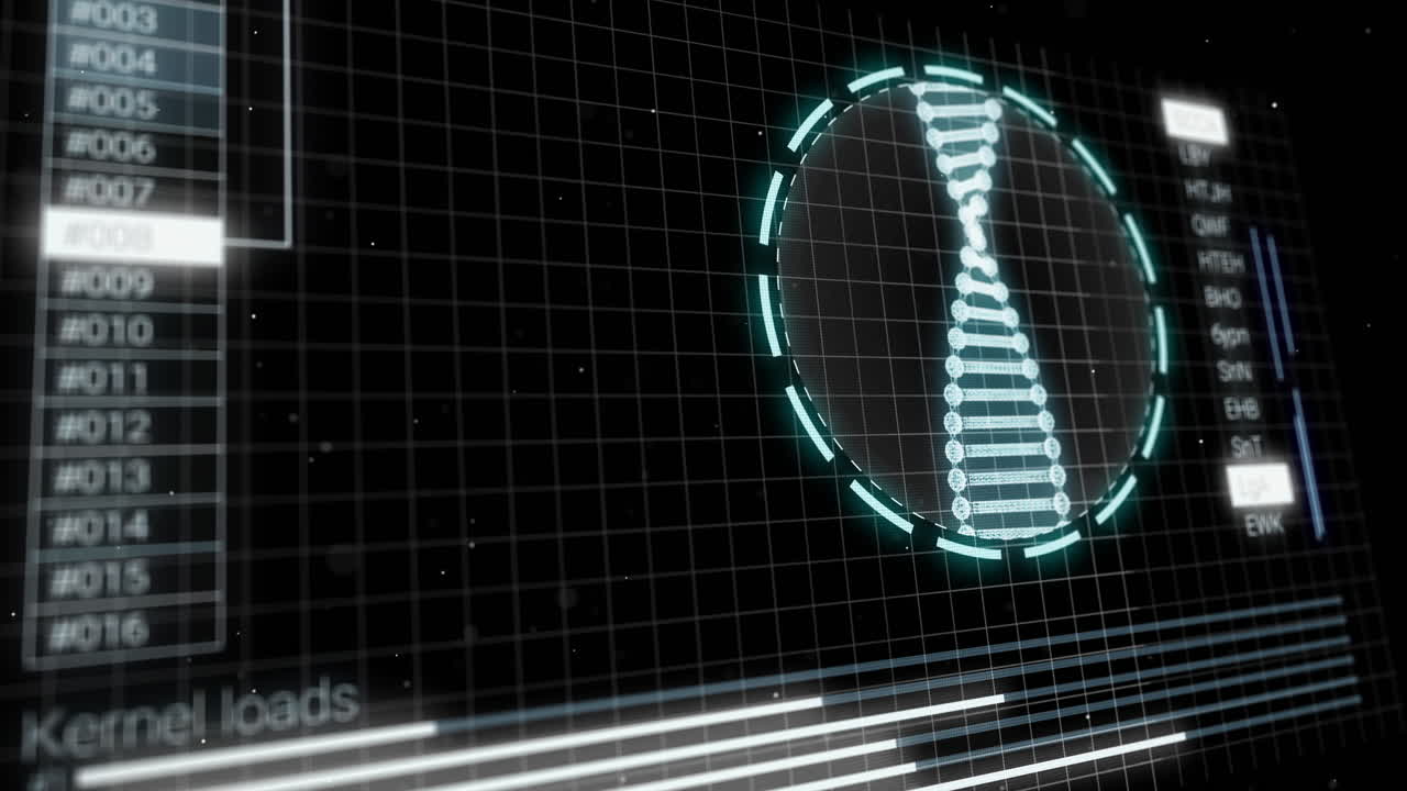 análisis médico con cadena de adn humano giratoria. proceso de reparación de adn en la pantalla