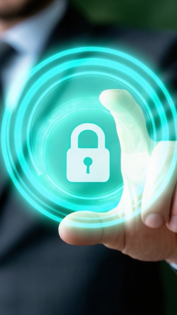 A Professional Businessman Showcases Digital Security Measures with a High-Tech Lock Symbol, Representing the Importance of Data Protection in Today's Digital World.