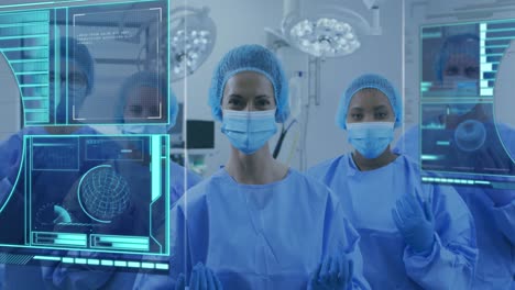 animación del procesamiento de datos sobre diversos médicos con máscaras faciales