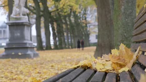 Mann-Und-Frau,-Die-Im-Jubelpark-In-Cinquantenaire-Im-Brüsseler-Stadtzentrum-Spazieren-Gehen-Und-Plaudern-Herbstsaison---Stabile-Kameraaufnahme---Verblasster-Hintergrund