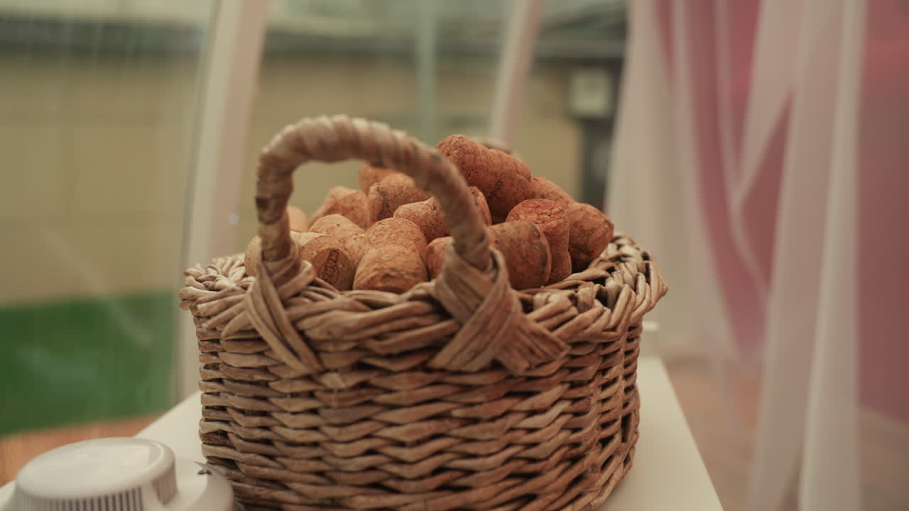basket of bread on white table, soft morning light, wicker basket filled with small crusty rolls, neutral curtains and gentle green background, closeup composition showcasing texture and farmhouse