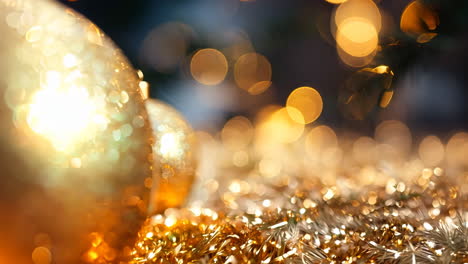 a gold ornament sits on a table with a pine cone. the ornament is surrounded by glitter, giving it a festive and celebratory feel