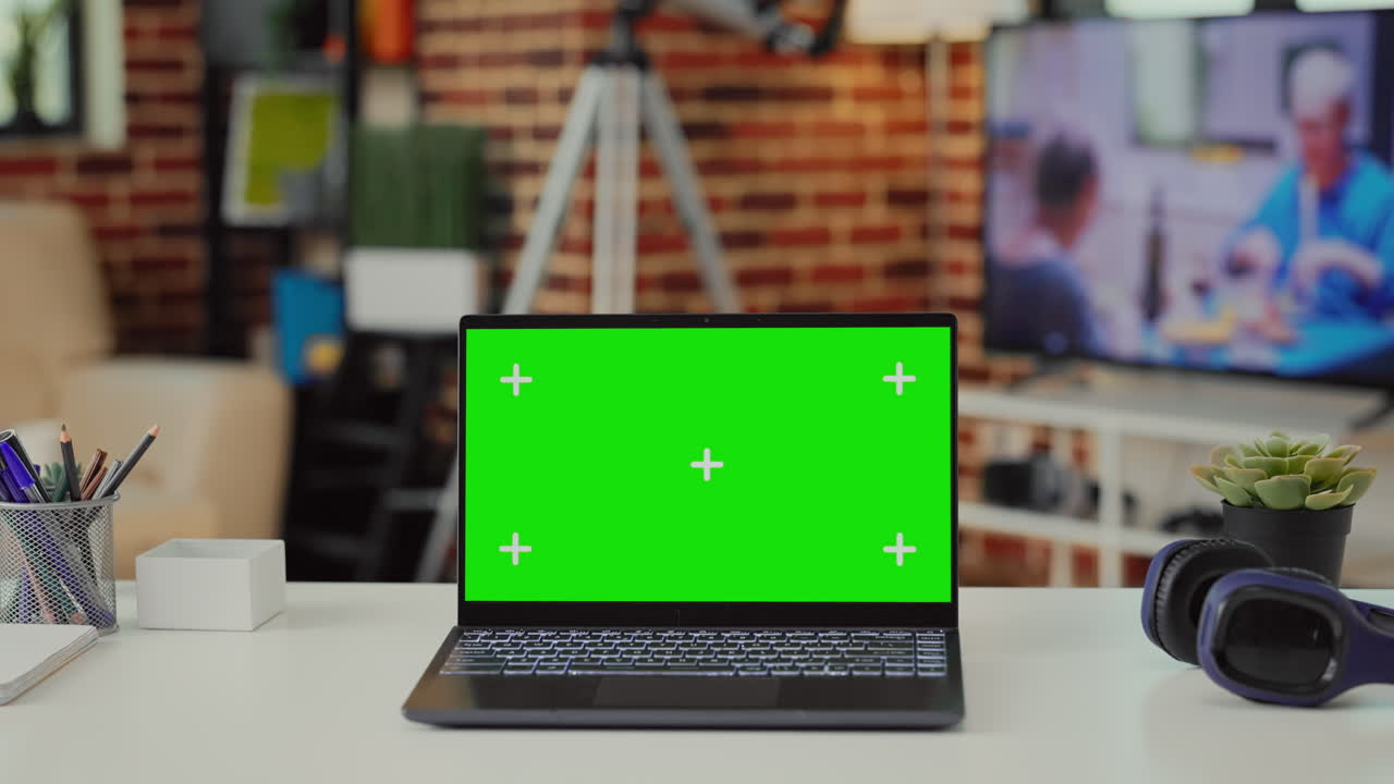 Laptop computer showing green screen isolated display on empty desk