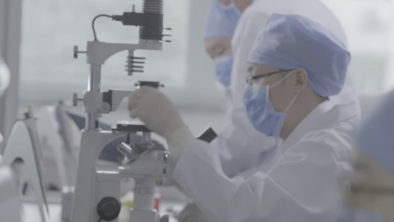 Team of scientists working in modern laboratory, examining samples, recording data. Researches virus, working with microscopes pipettes to develop vaccine, surrounded by various scientific instruments