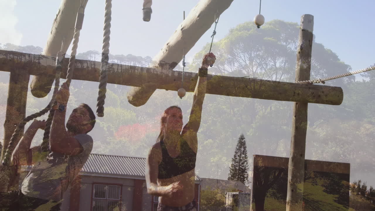 Exercising on ropes and wooden beams, people on outdoor obstacle course animation
