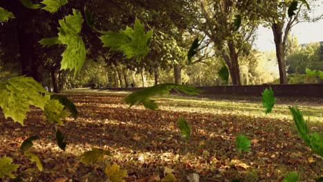 Animation-of-multiple-leaves-falling-over-green-forest