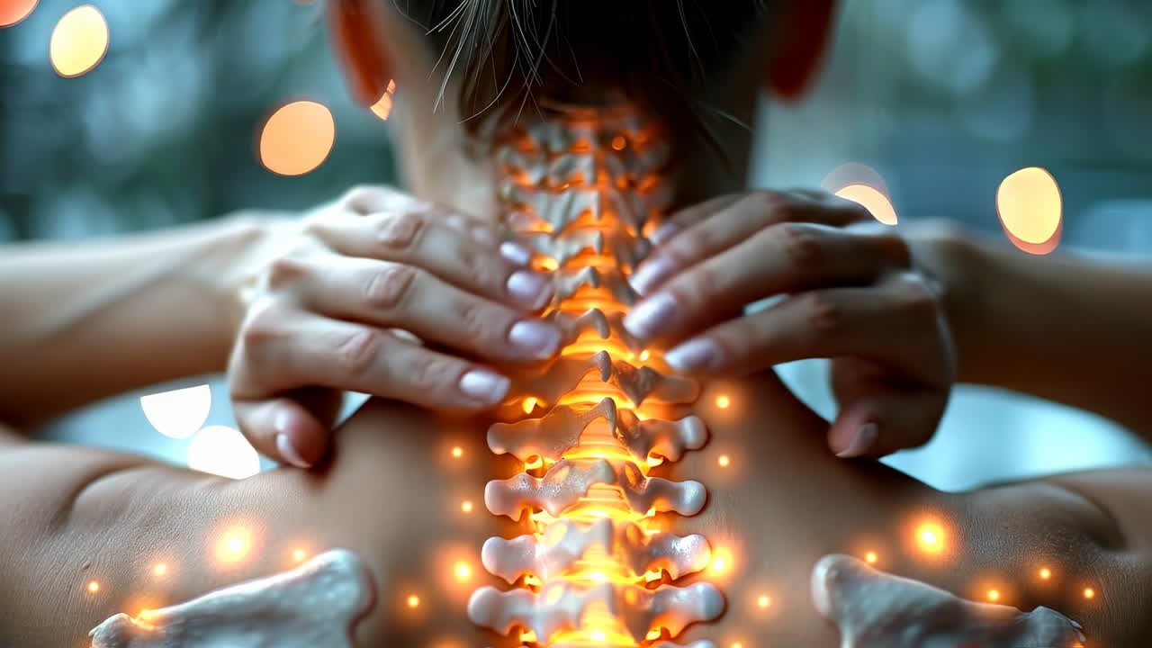 Neck pain relief demo. A person shows neck pain relief techniques at home, focusing on spine health and relaxation