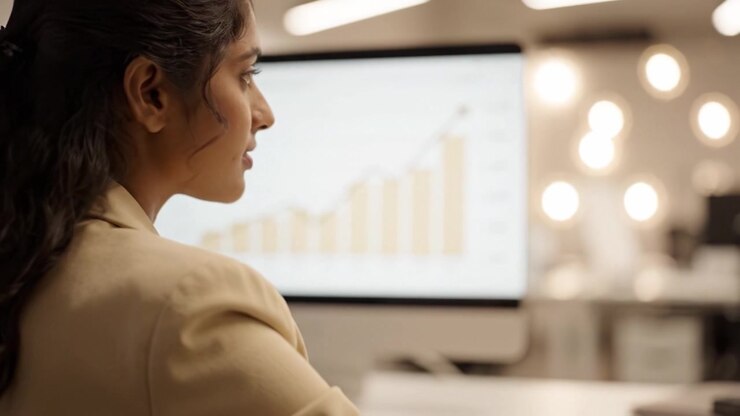 Fokusert profesjonell som analyserer vekstmetrikker på en dataskjerm i et moderne kontormiljø, og fremhever forretningstrender og datavisualiseringsteknikker.