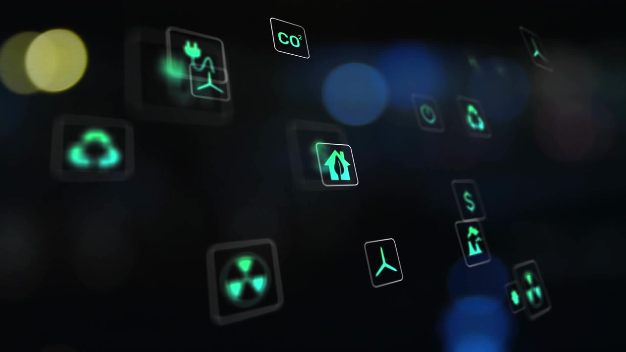 Animación de múltiples iconos sobre vehículos borrosos moviéndose por una calle en la ciudad.