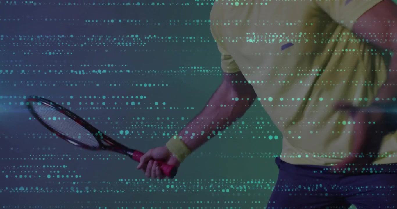 Male athlete shifting weight and swinging tennis racket for forehand in sports with animated dots