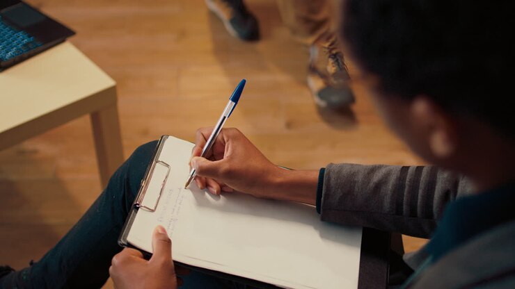 Psychology counselor taking notes on clipboard at therapy session