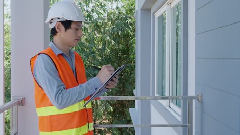 contractor building inspector holding clipboard. inspectors or engineers are examining the structural neatness of the building after construction is completed.