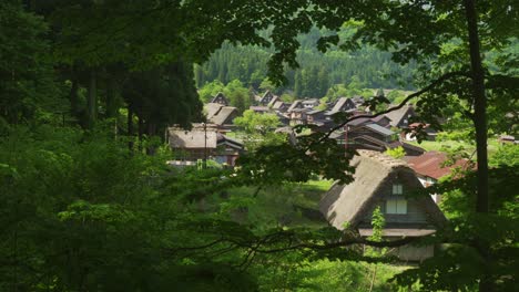 Pueblo-De-Shirakawago-Con-Techos-De-Paja-Gassho-zukuri,-Japón-Escondido-En-La-Naturaleza