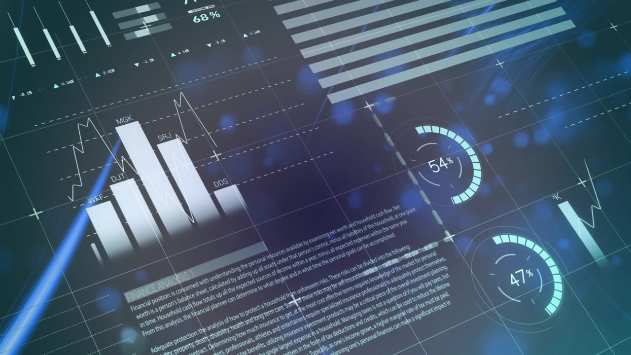 Animation of statistical data processing over glowing spots and light trails against blue background