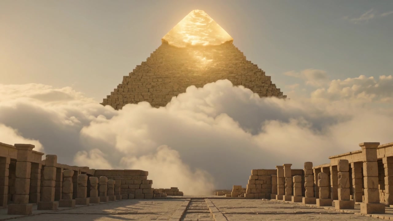 Nuvole gonfie che rivelano l'apice di una piramide che brilla sotto la luce dorata del sole sopra una strada rialzata, con colonne