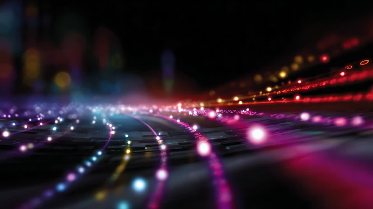 A mesmerizing visual symphony unfolds as vibrant luminous lines dance and intertwine seamlessly across a dynamic canvas, creating a captivating display of light, color, and movement in this stunning digital masterpiece