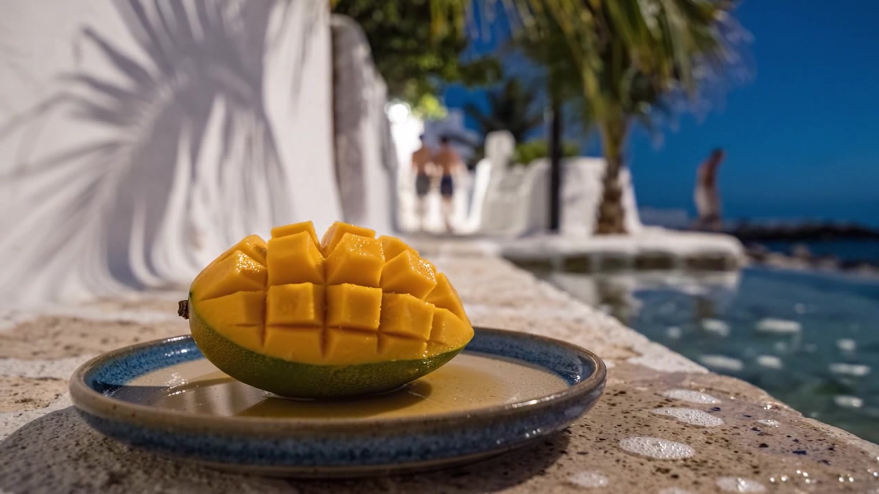 Fette di mango succulente che riposano su un piatto a bordo di una serena piscina tropicale al crepuscolo, invitando al relax e a un'indulgenza di gusto in un ambiente scenografico.