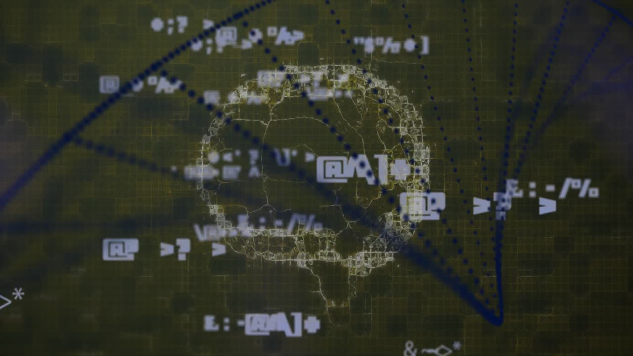 Mathematical symbols and molecular structures floating against spinning brain