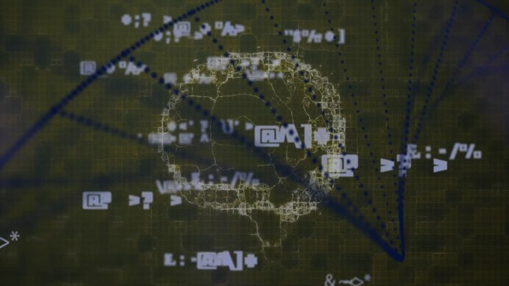Mathematical symbols and molecular structures floating against spinning brain