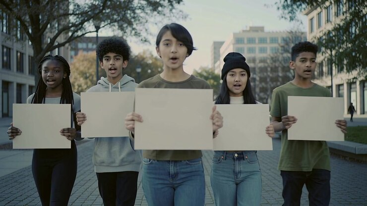 Cinque adolescenti che camminano verso la fotocamera in un campus tenendo cartelli vuoti, quello al centro indossa una camicia color oliva e parla