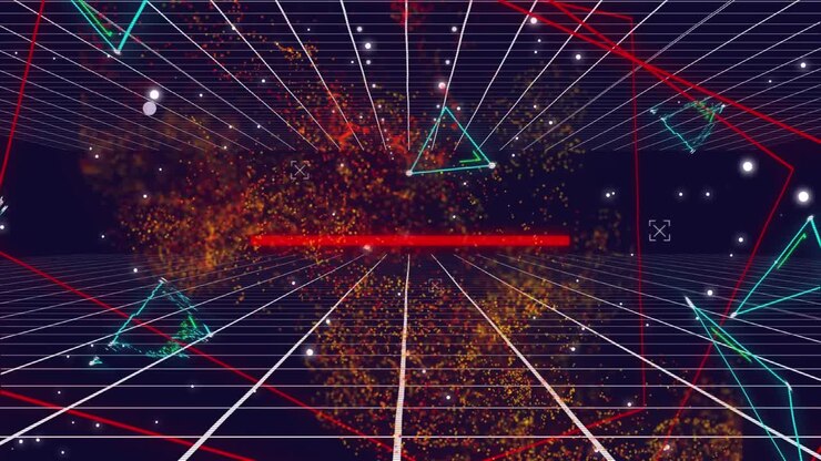 Animation of glitter and triangles moving in digital space