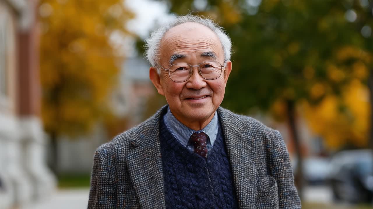 A Warm Smile Illuminates a Thoughtful Elder Against a Backdrop of Autumn Colors, Capturing the Beauty of Aging and Wisdom in an Urban Setting