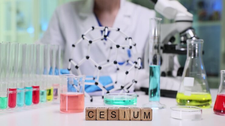 Blocchi con la parola Cesio e apparecchiature scientifiche in un laboratorio