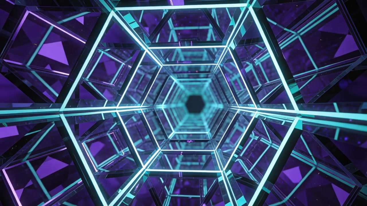 Avvio della riproduzione, la telecamera scivola attraverso un tunnel al neon con cornici ciano e specchi viola, posizionandosi al centro.