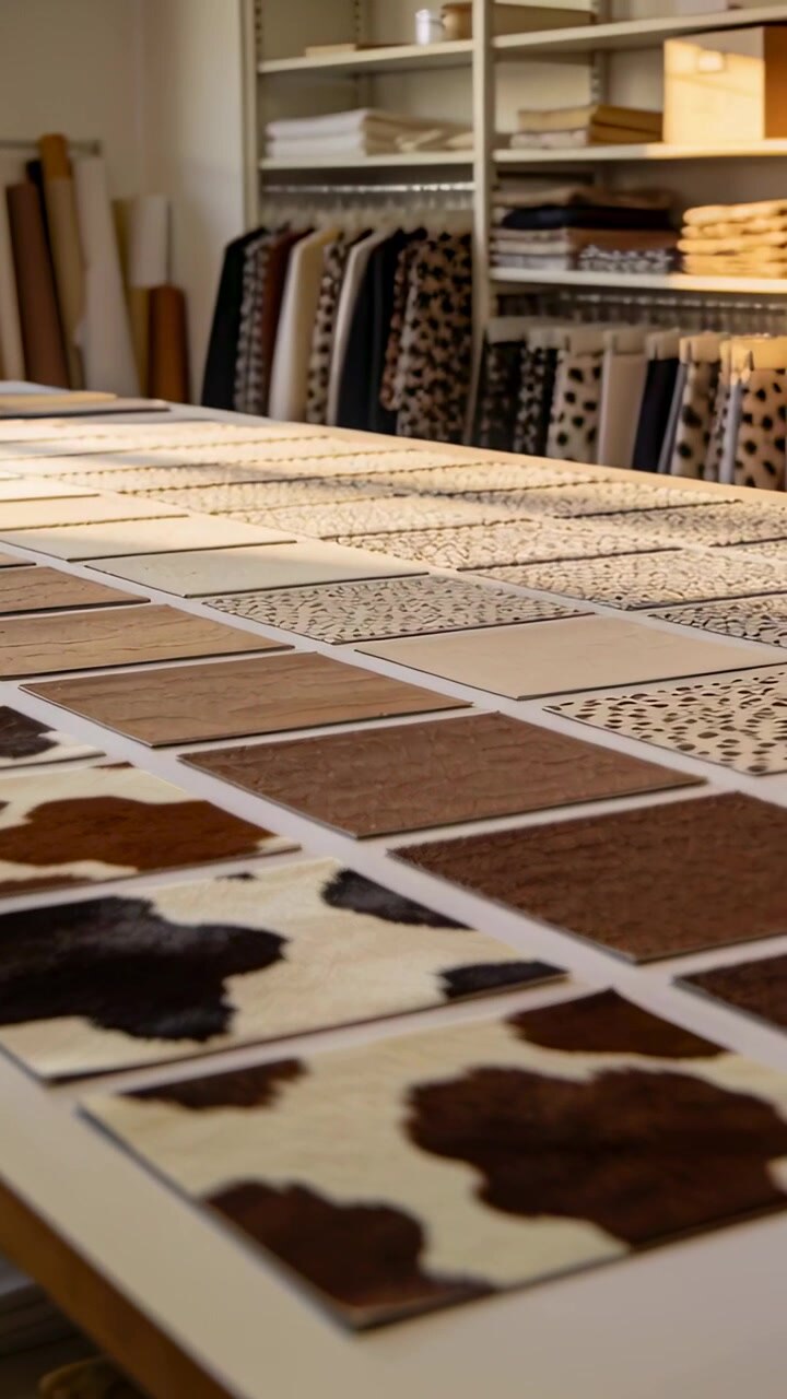 Vertical video: Gliding camera showing table with cowhide and wood samples in studio for selection