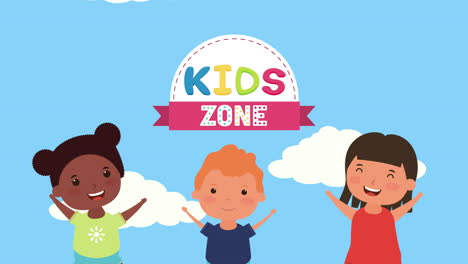 little interracial kids group with kids zone lettering